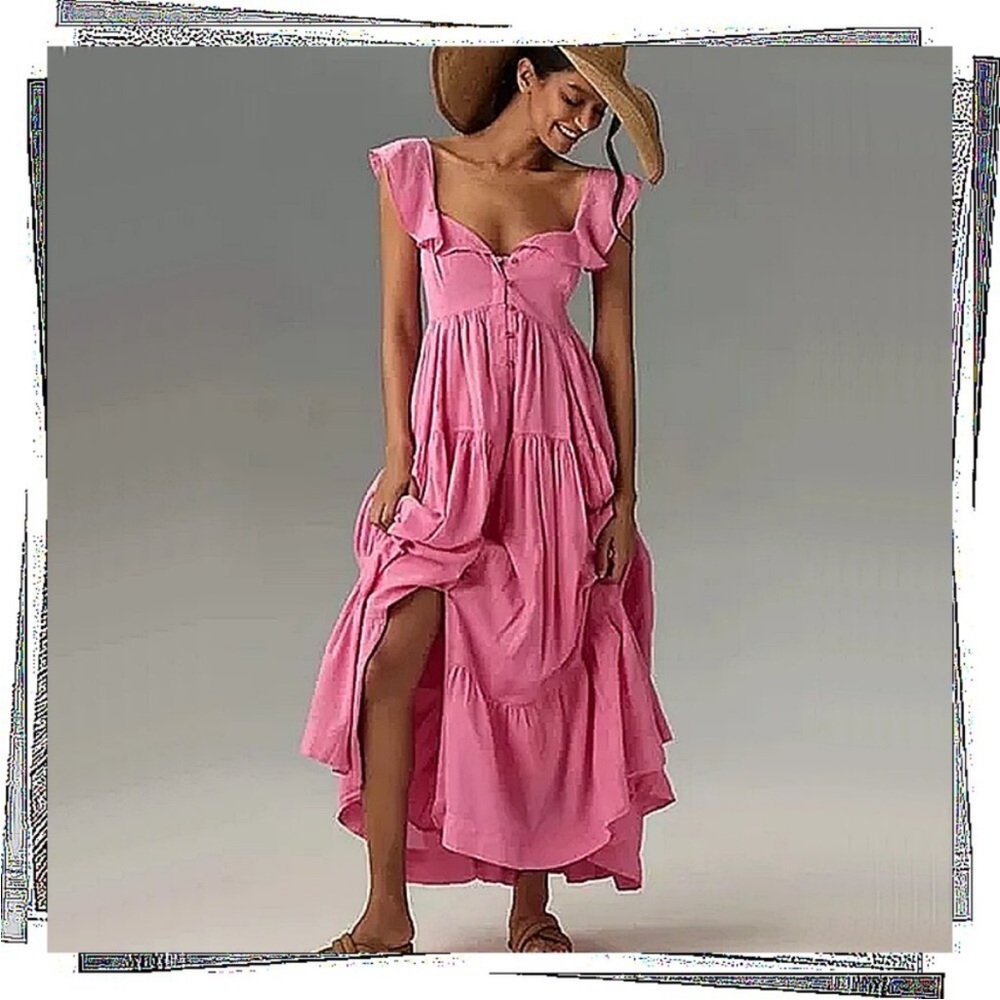 Anthropologie Pilcro Flutter Sleeve Tiered Dress Pink Maxi Button Front XL NEW - Picture 10 of 13